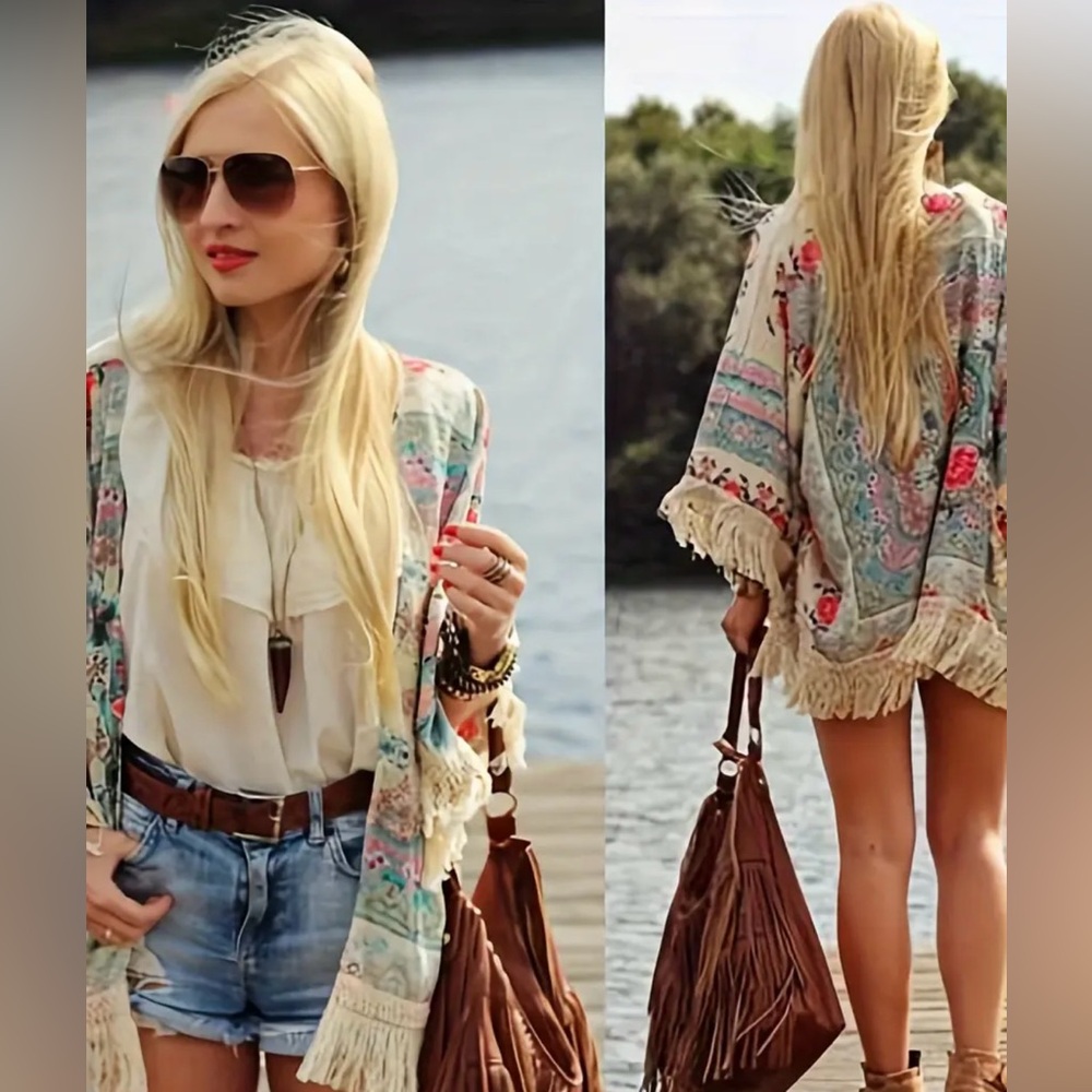 Floral Print Fringe Hem Beach Cover Up Kimono - Picture 2 of 6